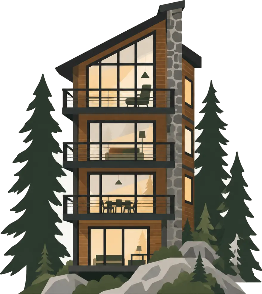Illustration of a four-story mountain cabin tucked among pine trees