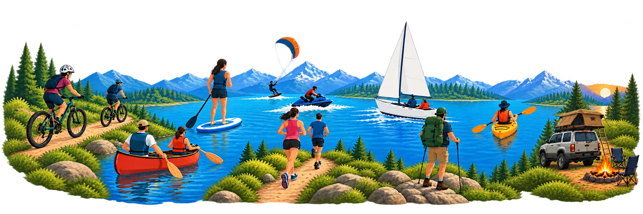 Illustrated lakeside scene with cyclists, paddleboarders, a sailboat, kayaker, canoe, trail runners, a hiker, and an overland camp, each marked with a numbered pin